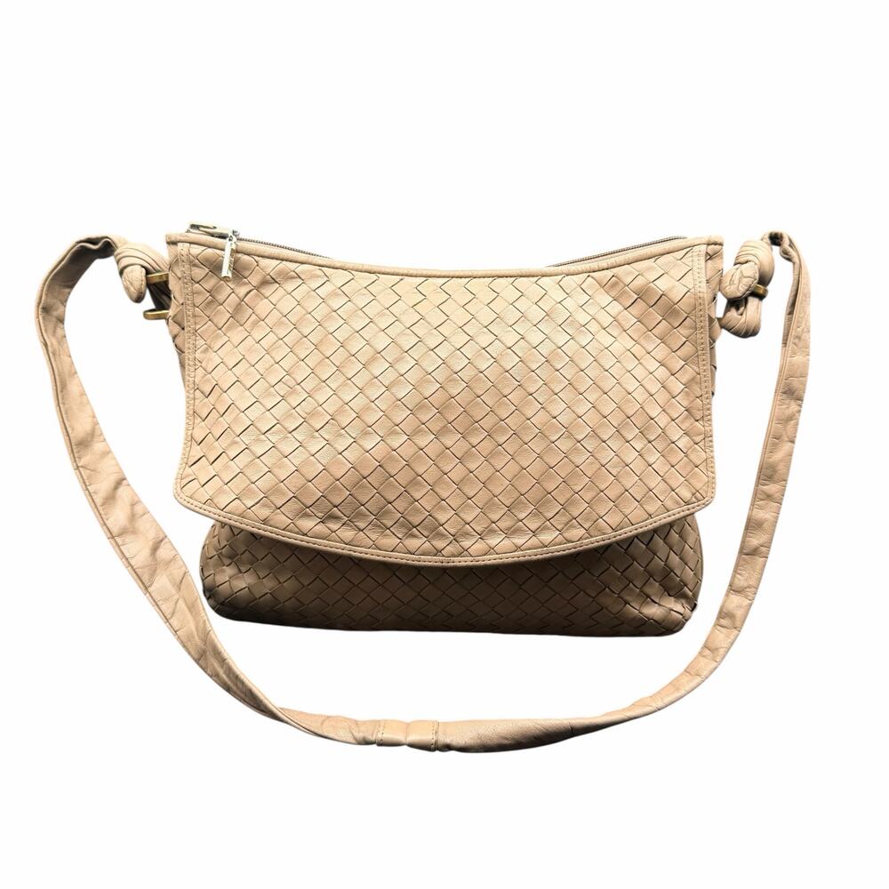 Meyers Vintage Woven Leather Crossbody Taupe Bottega Style Boho Shoulder USA